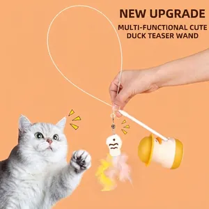 Interactive cat teaser wand with yellow duck design and colorful feathers for indoor play