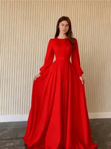 Elegant red French court style chiffon maxi dress with pleated bodice and long sleeves