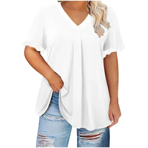 Top blanco casual con cuello en V para mujer, mangas con volantes y un ajuste holgado y cómodo.