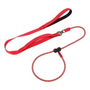 Detailed view of red integrated P-chain pet training leash with braided rope and metal clip