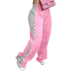 Rosa und graue Damen Jogginghose mit weitem Bein, Kontrastfarben und bequemem Gummizug