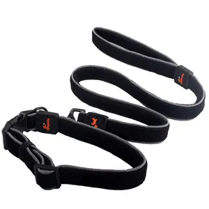 Reflective black dog leash and collar set with safety strips for secure night walking
