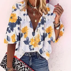 Stylish women's V-neck floral print blouse with yellow and blue flowers for summer