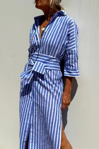 Detail view of blue striped shirt dress with waist tie and stylish side slit feature