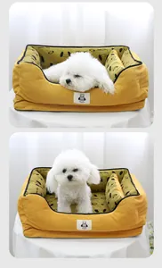 Detailed view of yellow corduroy pet bed with a white Bichon Frise dog resting comfortably.