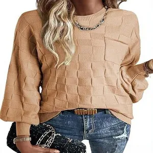 Elegant camel textured knit sweater with crewneck and lantern sleeves for women