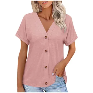 Close-up of the pink women's short sleeve V-neck button-down casual loose fit T-shirt
