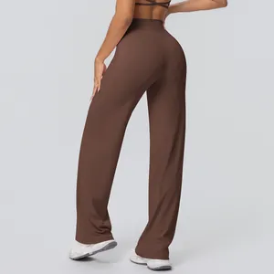 Back view of brown high-waisted flare yoga pants made of premium brushed fabric