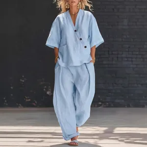 Chic light blue linen-style two-piece leisure set for women, perfect for summer days
