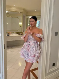 Elegant floral off-shoulder ruffled mini dress with tiered skirt for women