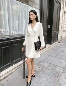 Modelo con elegante vestido cruzado blanco con cuello en V y manga larga en la calle