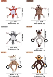Spécifications de six jouets en peluche pour chiens avec dimensions et poids.