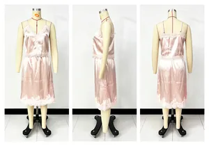 Three-way view of a pink satin loungewear set with delicate white lace trim details