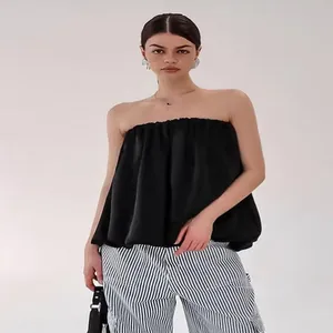 Haut bandeau en satin noir pour femme, design bouffant décontracté et chic d'été