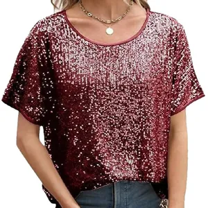 T-shirt élégant à paillettes bordeaux à manches courtes, coupe ample et col rond