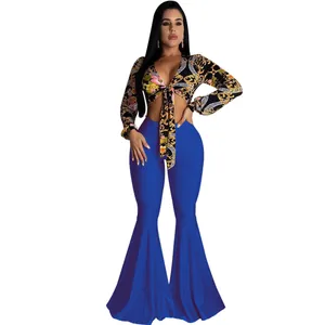 Sexy baroque print tie-front crop top with bright blue high waist flare pants set
