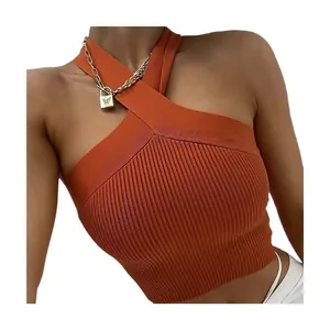 Sexy burnt orange cross halter ribbed knit crop top for women, trendy street style