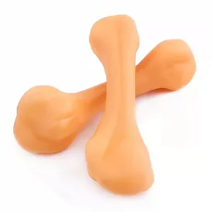 Pair of orange vinyl squeaky bone toys for dogs on a white background