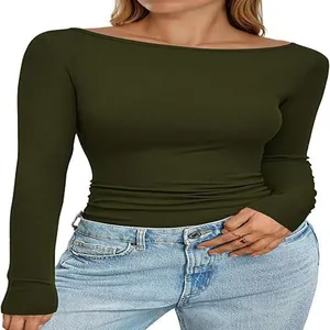 Slim fit boat neck ribbed knit long sleeve top in olive green for women
