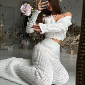 Women's Hollow Out Knit Two Piece Set Casual See-Through V-Neck Cardigan High Waist Wide Leg Pants Top And Bottom