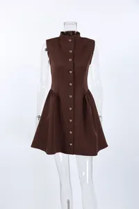 Detailed front view of a French vintage brown sleeveless button-down A-line mini dress