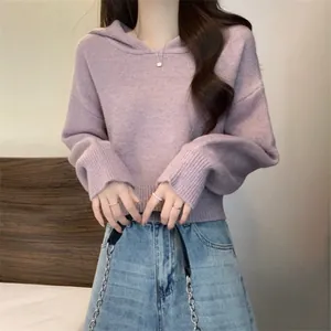 Pull à capuche court en maille lavande pour femme, pull confortable et coupe ample