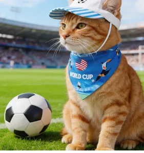 Gatto rosso con cappello da sole World Cup e bandana blu su un campo da calcio professionale