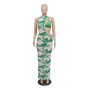 Grünes Mesh-Maxikleid mit asymmetrischem Print und passendem 3-teiligem Bikini-Set Detail