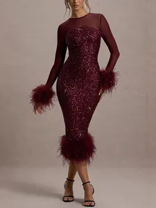 Women's Sexy Sequin Feather Long Sleeve Party Dress Elegant Mesh Patchwork Bodycon Evening Gown For Banquet Night Out