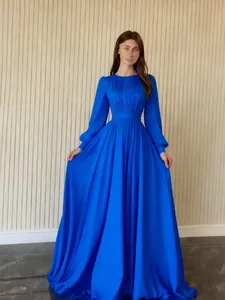 Elegant royal blue long sleeve french style chiffon evening maxi dress for wedding