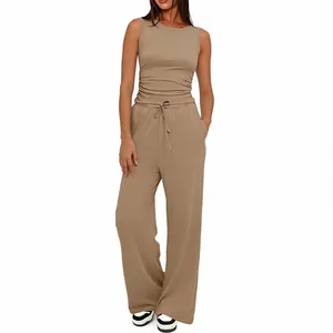 Set casual due pezzi canotta arricciata senza maniche e pantaloni a gamba larga