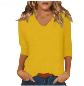 Casual women's V-neck T-shirt with 3/4 sleeves in vibrant yellow solid color top