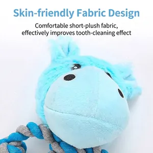 Cute blue hippo plush dog toy with durable braided cotton rope for teeth cleaning.