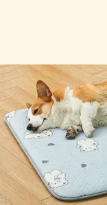 A cute Corgi dog lying on a light blue quilted pet mat with white bear patterns
