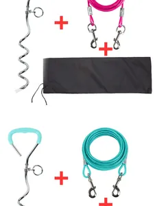 Heavy duty dog tie-out stake kit with colorful steel cable leash and black storage bag.