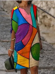 Colorful abstract print V-neck maxi dress with vintage artistic style and short sleeves
