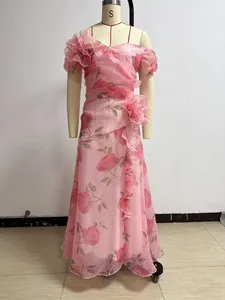 Detailed view of French vintage pink floral off-the-shoulder dress with ruffle sleeve