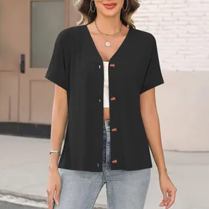 Close-up view of a black V-neck short sleeve button down cardigan top for women.