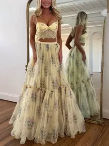 Elegante set gonna maxi in chiffon a fiori giallo in due pezzi con bustier in pizzo