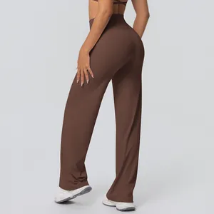 Professional back view of brown high-waisted flared yoga pants with soft brushed texture