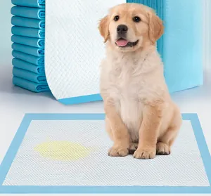 Absorbent pet training pad with leak-proof blue border and puppy demonstration