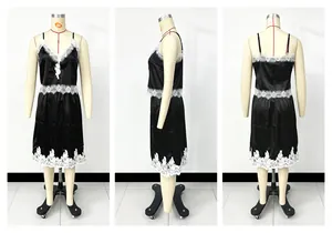 Detailed multi-angle view of women's black satin home wear set with elegant white lace trim