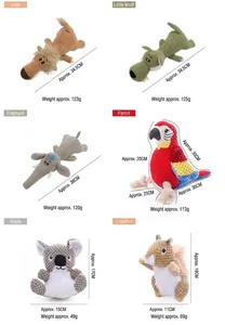Dimensions et poids détaillés de divers jouets en peluche pour chiens en animaux.