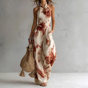 Elegant summer halter neck digital print backless sleeveless wide-leg jumpsuit for women