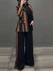 Professional women's two-piece suit featuring a brown striped blazer and matching wide trousers