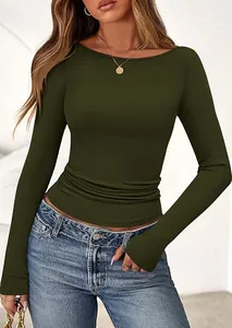 Detailed view of women's olive green boat neck ribbed knit long sleeve slim fit top
