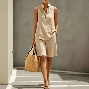Women Urban Casual Shorts Set Polyester Solid Color Sleeveless Button Up Top And Bottom Two Piece Loungewear Outfit
