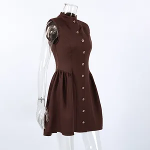 Detailed side view of a brown French retro sleeveless A-line dress on a mannequin.
