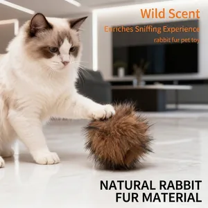 Soft natural rabbit fur ball cat toy with a wild scent for indoor pet interactive play