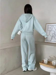 Back view of a light blue cotton hoodie and wide-leg sweatpants two-piece sports set.
